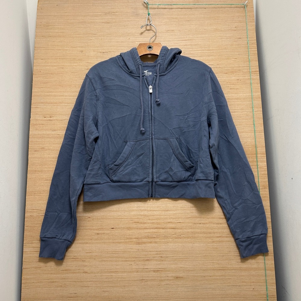 Hollister Womens Cropped Full Zip Hoodie Blue Gray Size Medium Soft Fleece